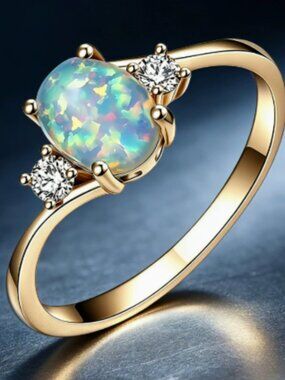 Vintage Style Oval Opal Ring Gold Tone Sparkly Crystal Side Stones